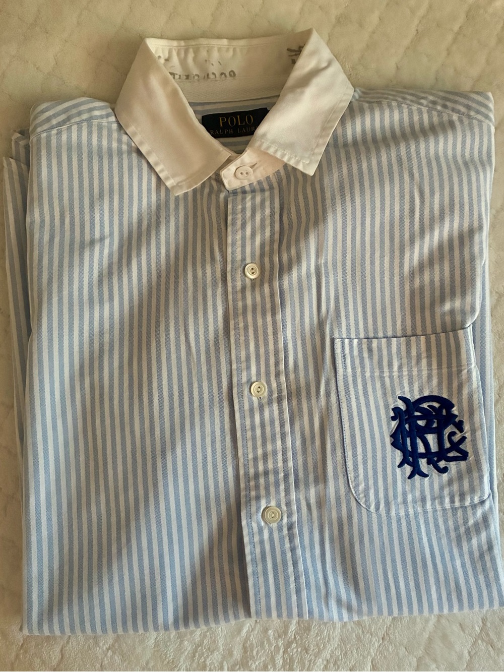 Ralph Lauren Light Blue and White Stripe Button-Down Shirt with Contrast Collar - Picture 1 of 5
